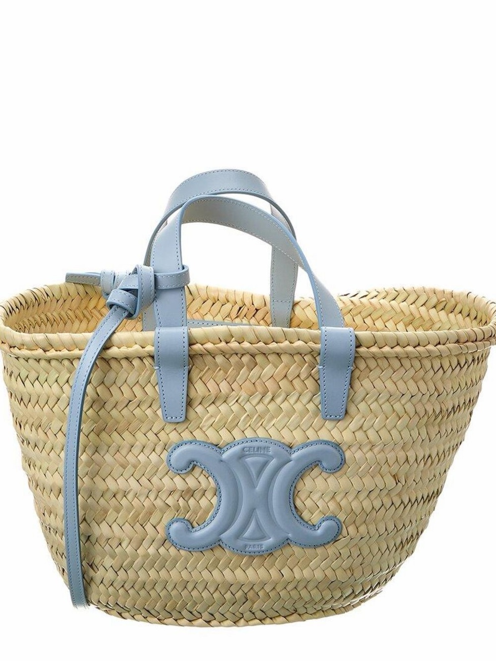 Celine Straw Tote with Light Blue Leather Trim and Logo - Picture 1 of 5